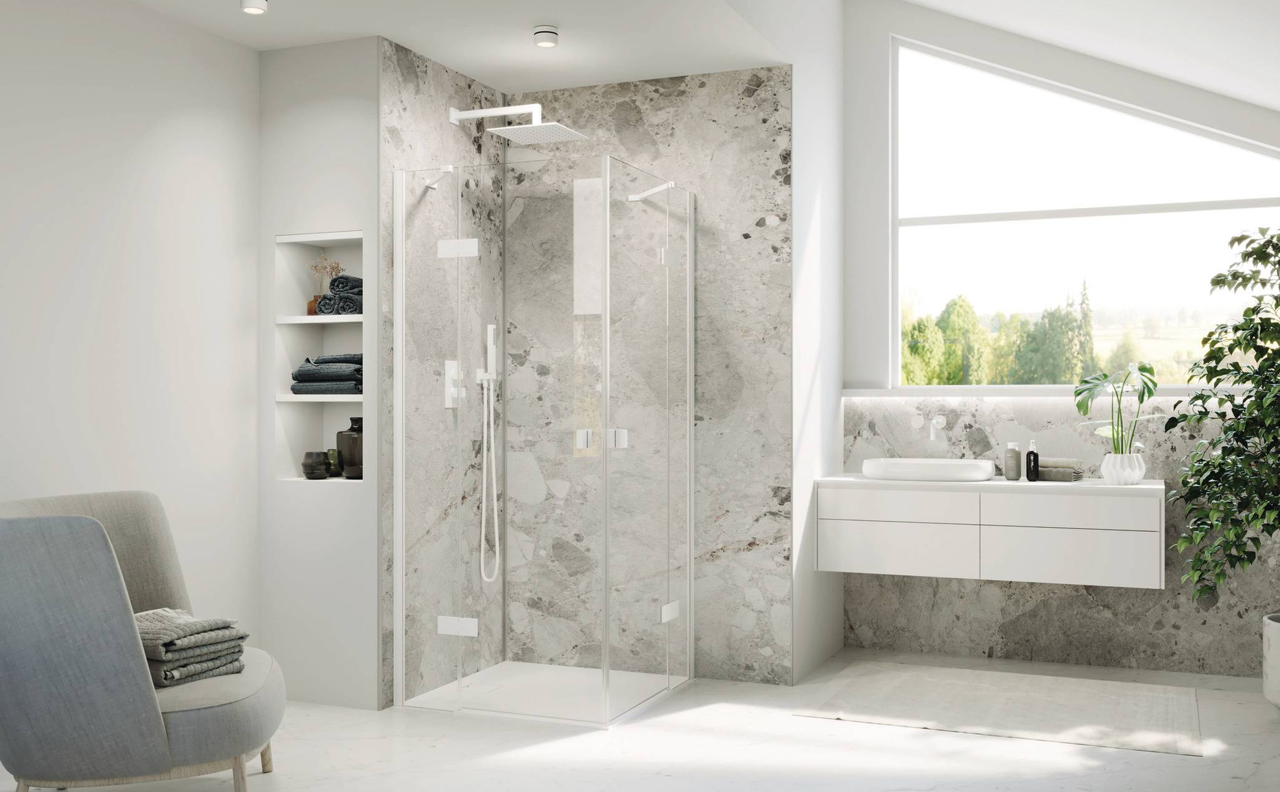 A dream in white. Our SolvaPro shower enclosure with swing door and corner entry. Colour-matching shower tray and back panels.