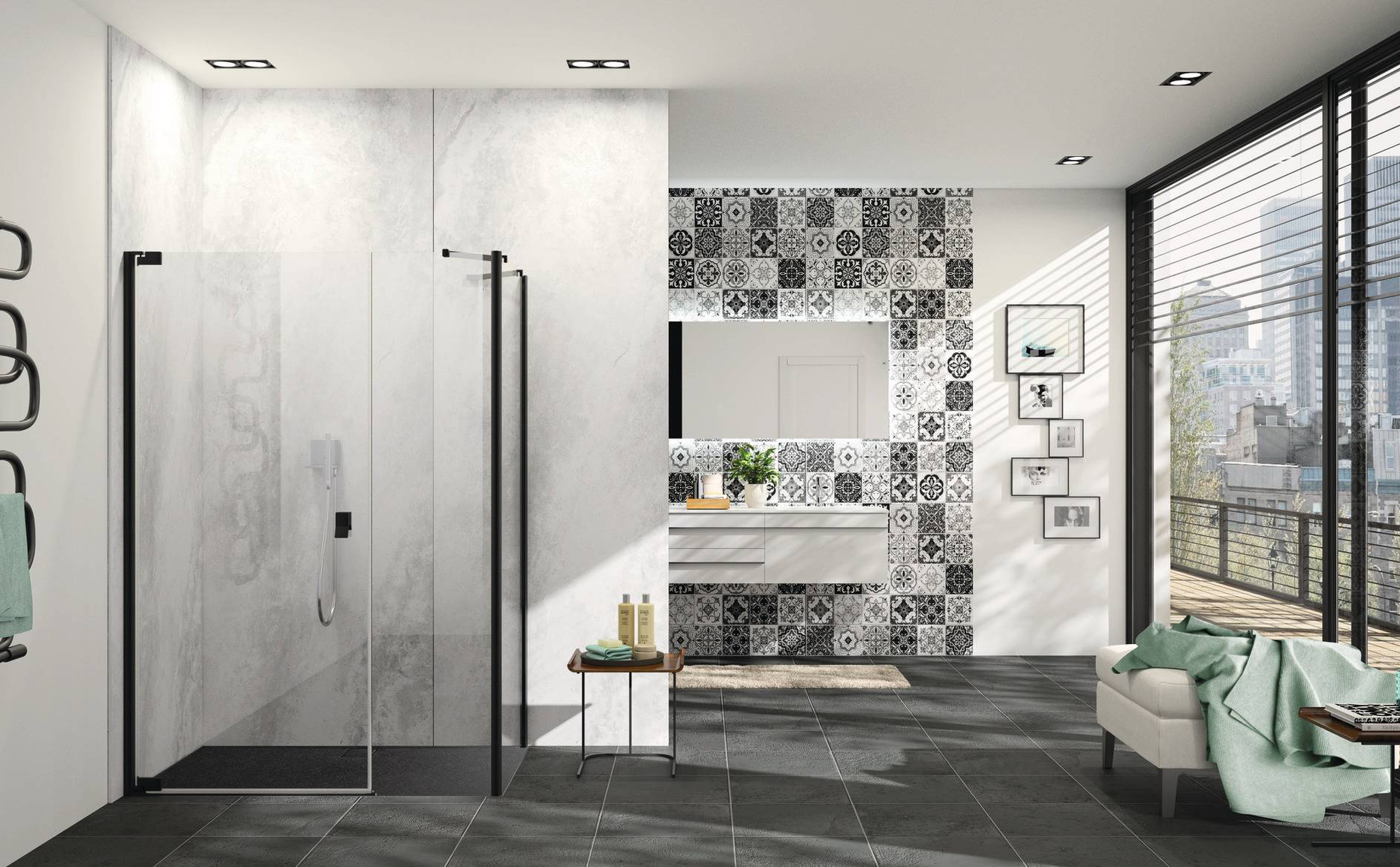 Whether purist industrial look or warm colours and rustic wood design - the HÜPPE EasyStyle STANDARD decors also give every bathroom a unique design.